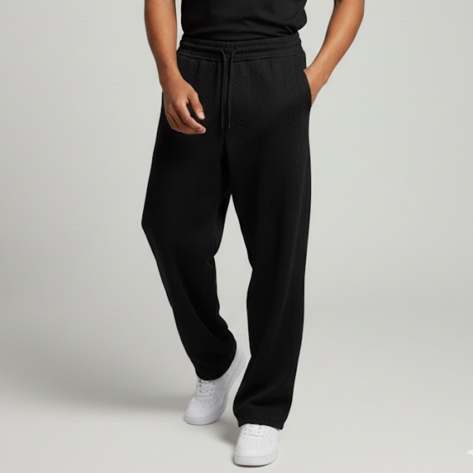Image de Pantalon Large Noir en Maille Texturée