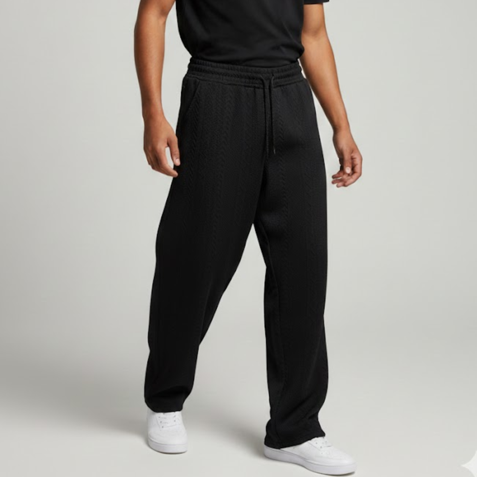 Pantalon Large Noir en Maille Texturée